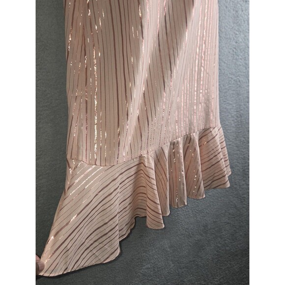 Anna Cate Veronica Dress S Peach Rose Gold V-Neck Ruffle Hem Metallic Stripe - Picture 4 of 10